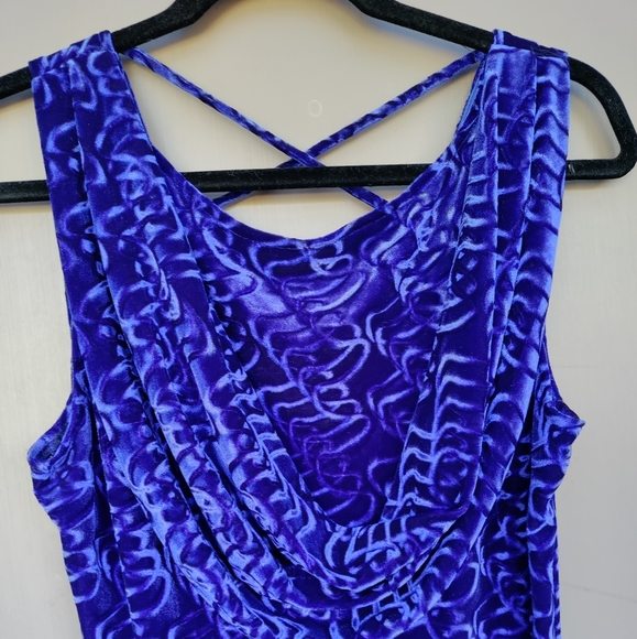 Cartise International Blue Velvet Patterned Maxi Dress Sleeveless Drape Front - Picture 2 of 8